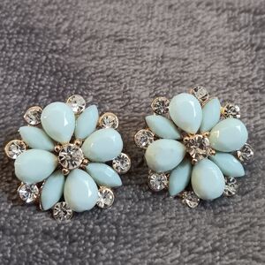Ice Flower Vintage Blue Rhinestone Pierced Earrings, Chunky Whimsical Princess